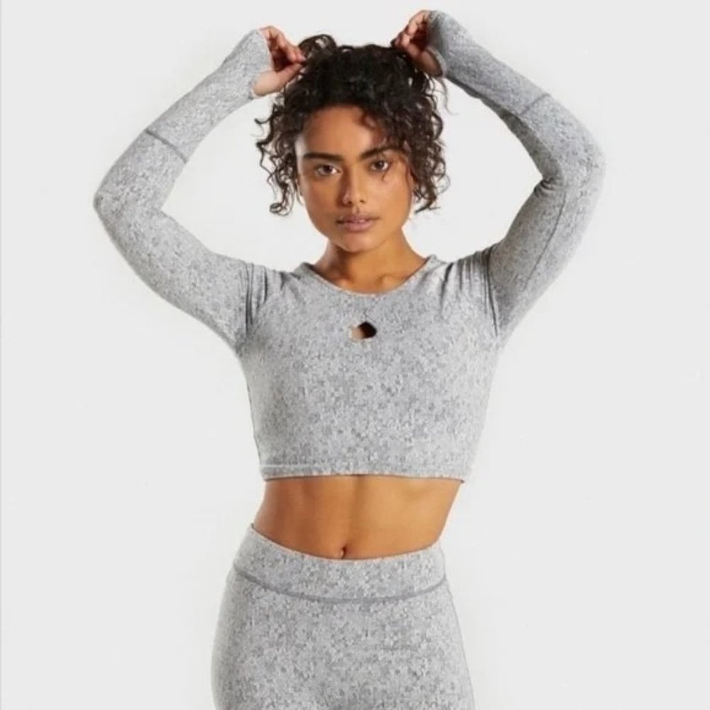 Gymshark Size XL Fleur Texture Gray Marl Long Sleeve Keyhole Crop Top At…